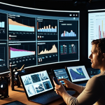 A thoughtful, experienced film producer in a modern studio. In front of them, a multi-screen setup displaying contrasting visuals: one screen shows a grand cinematic shot, while others show data dashboards with viewer engagement metrics (graphs, completion rates) and content playing on mobile devices. The scene emphasizes the fusion of traditional filmmaking with data-driven digital adaptation. Soft, adaptive lighting, high detail.