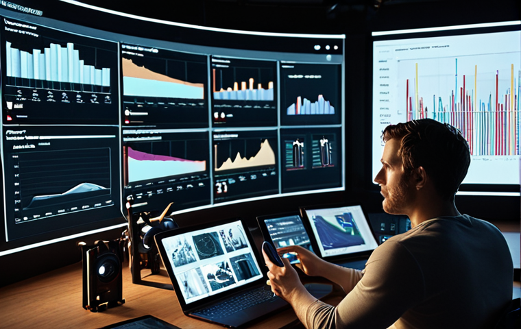 A thoughtful, experienced film producer in a modern studio. In front of them, a multi-screen setup displaying contrasting visuals: one screen shows a grand cinematic shot, while others show data dashboards with viewer engagement metrics (graphs, completion rates) and content playing on mobile devices. The scene emphasizes the fusion of traditional filmmaking with data-driven digital adaptation. Soft, adaptive lighting, high detail.