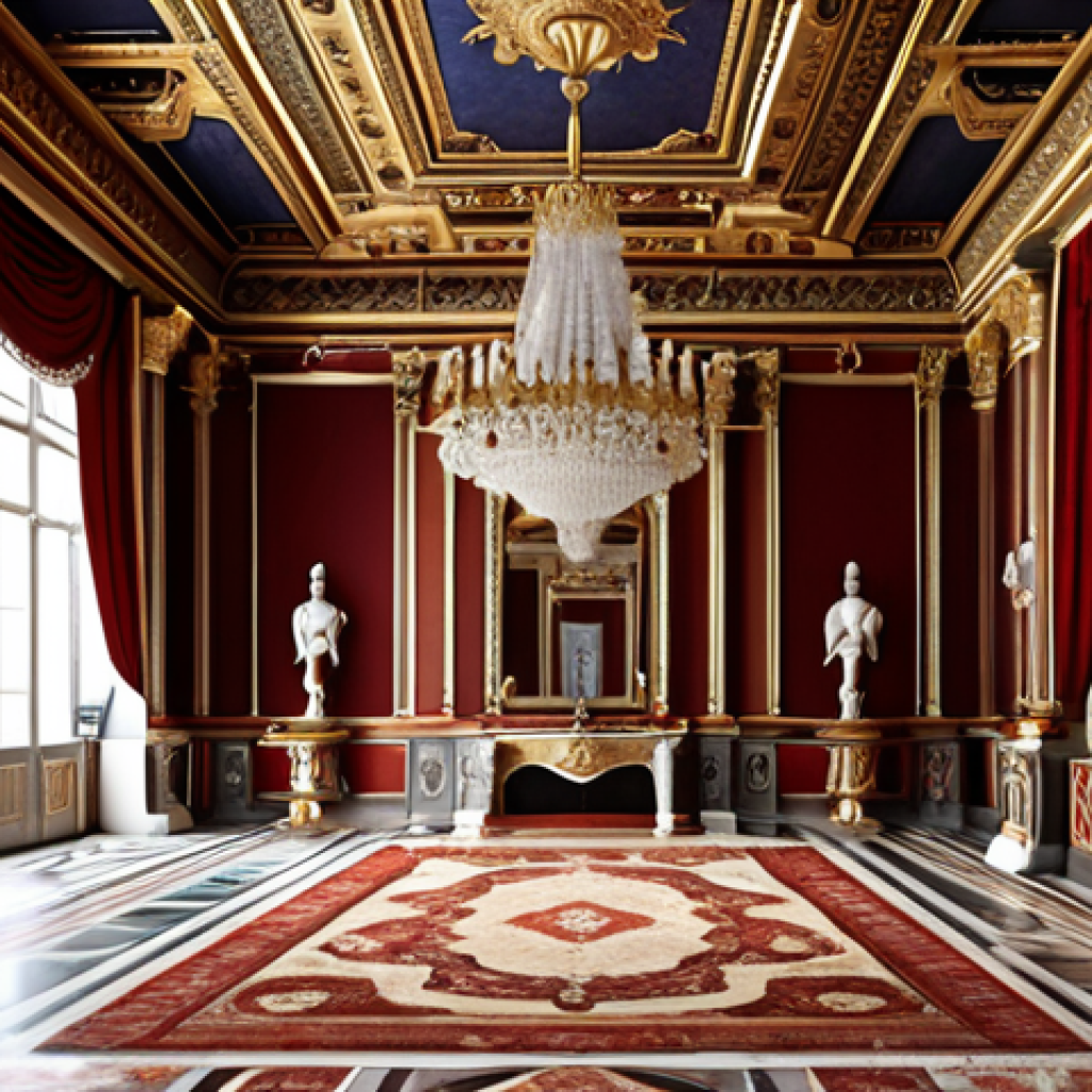 **A lavish palace interior inspired by classical designs and rich colors. The scene should evoke a sense of wealth and elegance.**