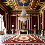 **A lavish palace interior inspired by classical designs and rich colors. The scene should evoke a sense of wealth and elegance.**