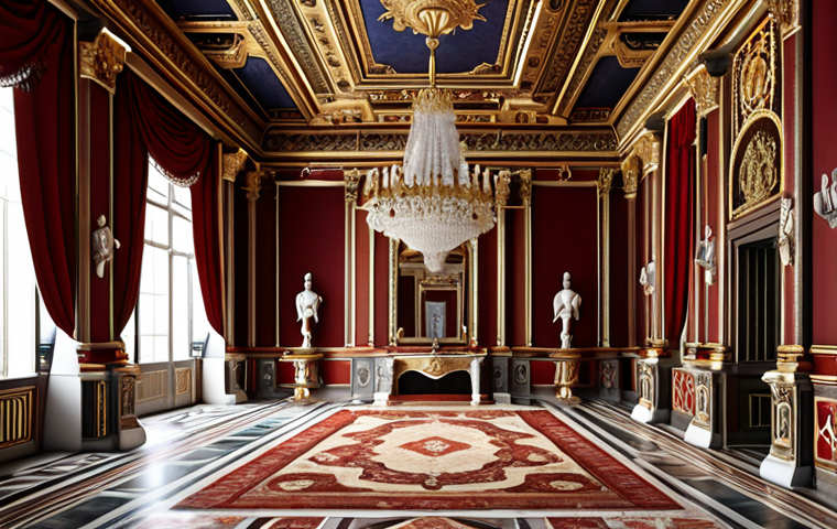**A lavish palace interior inspired by classical designs and rich colors. The scene should evoke a sense of wealth and elegance.**