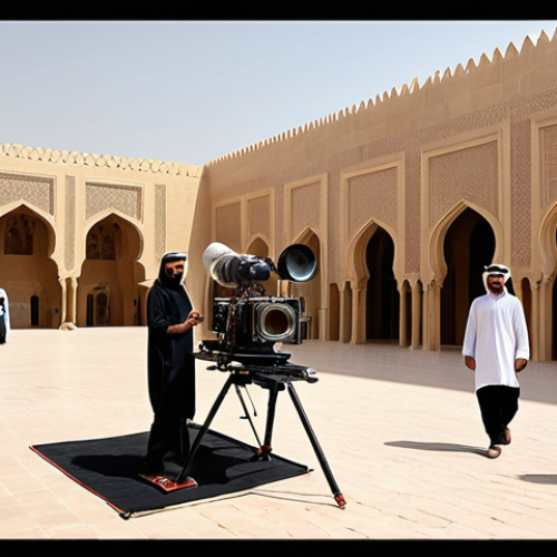 **

A bustling film set in Dubai (or similar Arab location). Focus on the production crew working under the direction of a director (male or female in traditional Arabic attire). Capture the energy of filmmaking with modern equipment alongside traditional architecture in the background. The overall feel should be vibrant and professional.

**