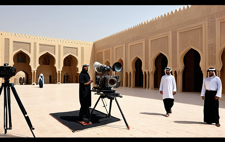 **

A bustling film set in Dubai (or similar Arab location). Focus on the production crew working under the direction of a director (male or female in traditional Arabic attire). Capture the energy of filmmaking with modern equipment alongside traditional architecture in the background. The overall feel should be vibrant and professional.

**