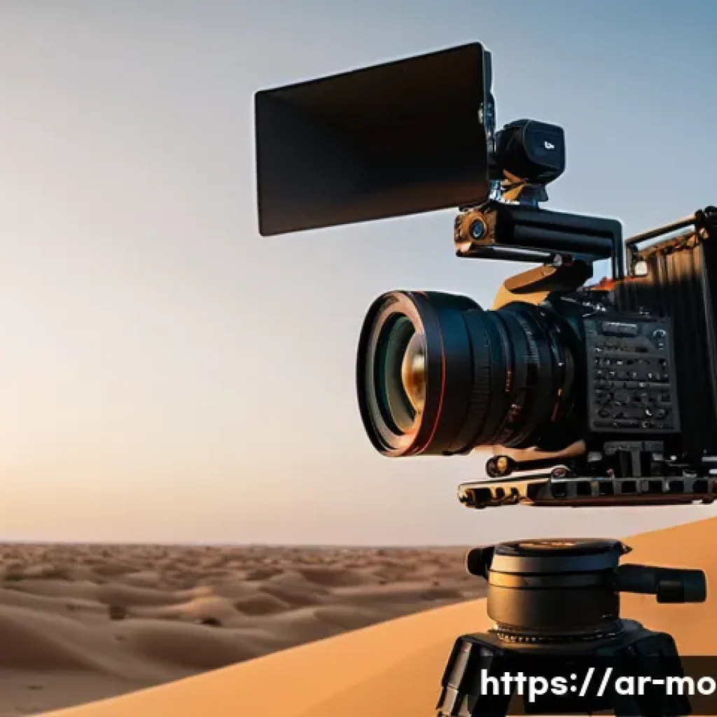 영화 제작 전문가의 추천 장비 - A professional film set scene in Saudi Arabia featuring a RED Komodo 6K digital cinema camera mounte...