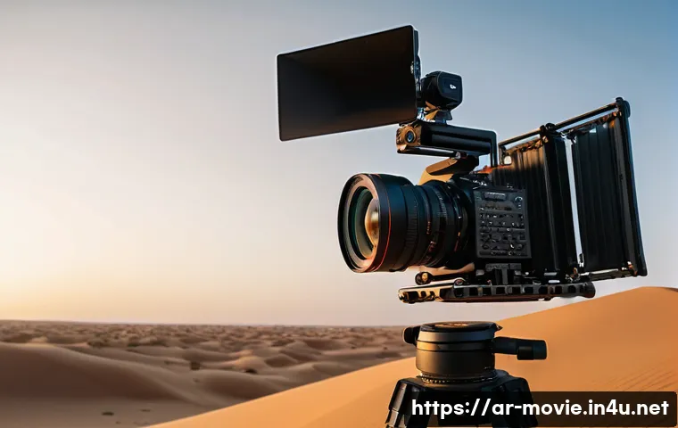 영화 제작 전문가의 추천 장비 - A professional film set scene in Saudi Arabia featuring a RED Komodo 6K digital cinema camera mounte...