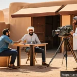 Home 22 촬영 현장에서 일어난 유쾌한 에피소드 - A lively behind-the-scenes film set in a Middle Eastern outdoor location during a sunny day, featuri...