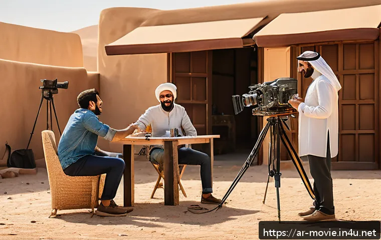 촬영 현장에서 일어난 유쾌한 에피소드 - A lively behind-the-scenes film set in a Middle Eastern outdoor location during a sunny day, featuri...