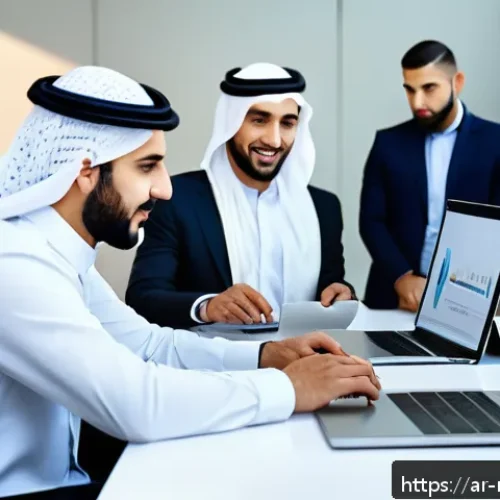 Home 33 프로덕션 매니저의 하루 - A modern Arab office environment with a diverse team of professionals collaborating around a large t...