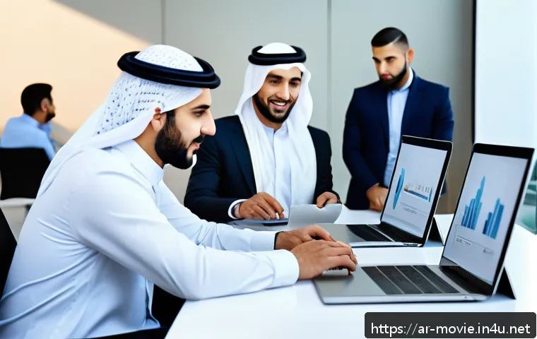 프로덕션 매니저의 하루 - A modern Arab office environment with a diverse team of professionals collaborating around a large t...
