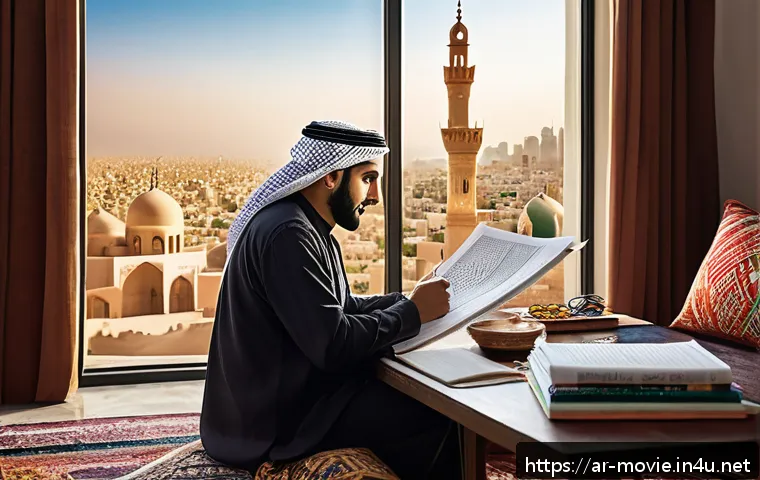 단편영화 제작 사례 - A thoughtful Arab filmmaker in casual modern clothing reviewing a script in a cozy, sunlit room deco...