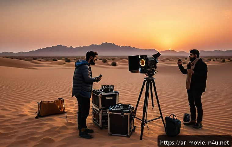 촬영감독의 업무일기 - A cinematic behind-the-scenes scene depicting a film director of photography adjusting a modern LED ...