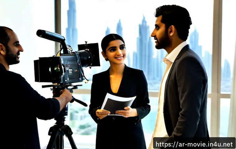 Home 17 영화 제작사에서의 커리어 개발 - Photorealistic cinematic scene inside a modern Middle Eastern film production studio, an ambitious y...