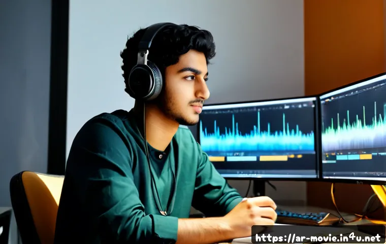 영화 편집 전문가가 되는 법 - Photorealistic cinematic workspace of a young Arab film editor in modest casual clothing, seated at ...